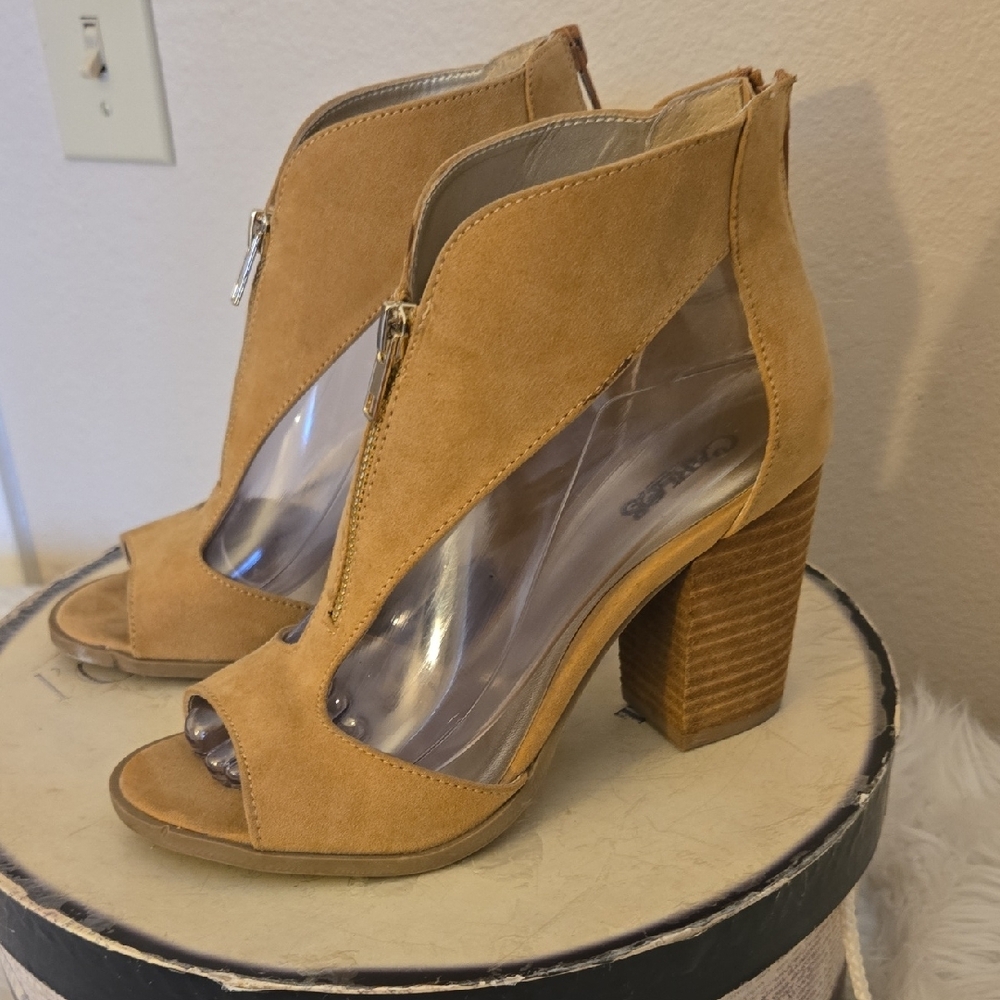 Guess Tan Chunky Heeled Boots with Peep-Toe